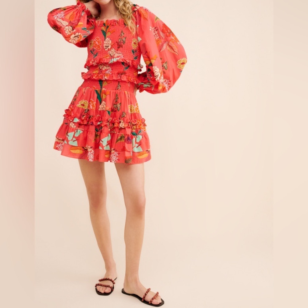 Farm Rio for Anthropologie Smocked Ruffle Floral Mini Dress Size S